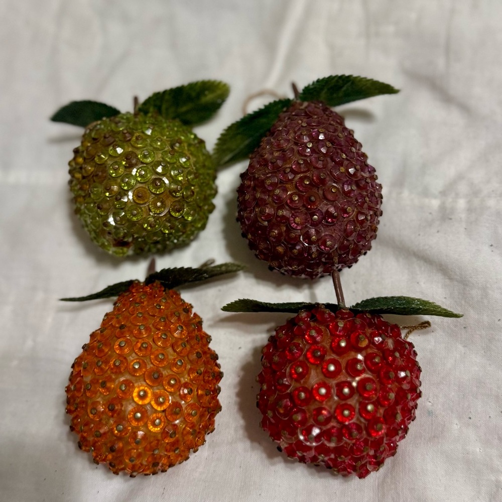 4 Vintage Mid-Century Push Pin Sequined Beaded Faux Fruit Decor Handmade